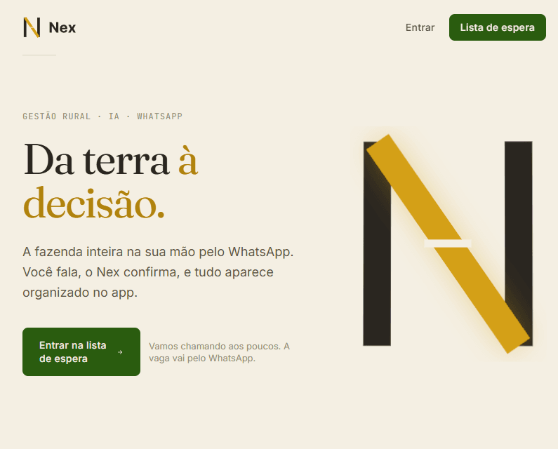 Página inicial da landing do Nex: o wordmark, a headline "Da terra à decisão" e o símbolo do N em ouro da safra.